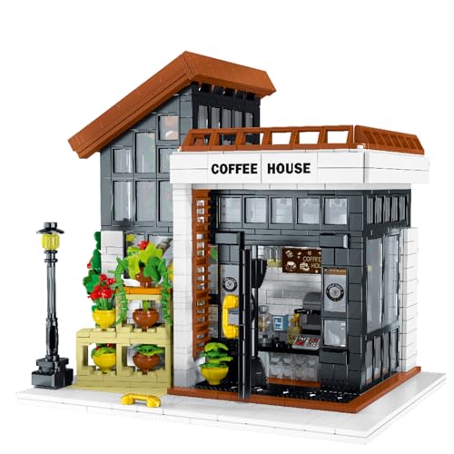 fisca Cafe Bauklötze Set - 1512PCS Sunshine Cafe mit LED, Stadt Cafe Baukasten für Jungen, Mädchen und Erwachsene Geburtstag Dekoration Handmade Ideen
