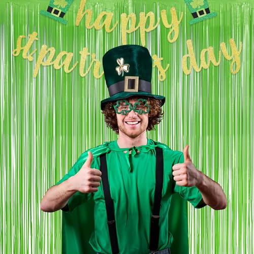 Image of Lime Green Streamers Party Backdrop - GREATRIL Tinsel Curtain for St Patrick's Day /Frog /Wizard - 3.2ft X 8.2ft - 2 Packs