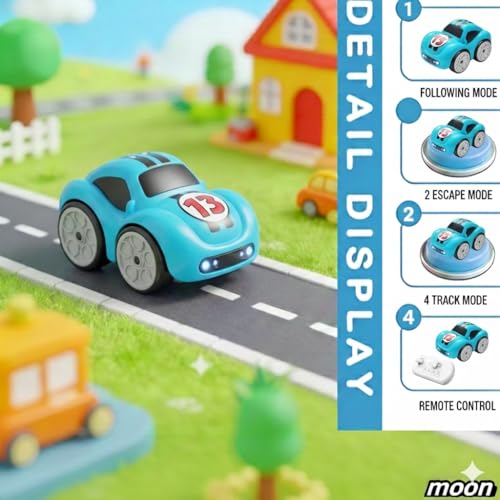Image of Mini RC Intelligent Sensor Stunt Car Toy for Kids 3-8 | 4 Smart Modes: Follow Object, Chase, and Follow Track | Rechargeable Cartoon Car with Music & Bright LED Lights | Best Birthday Gift for Kids