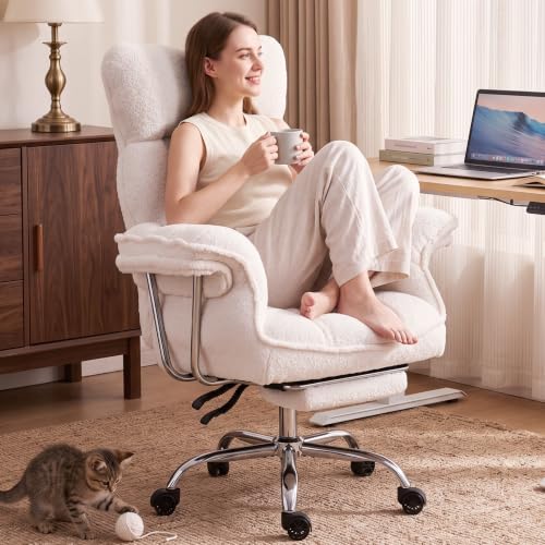 Dowinx Big and Tall Office Chair with Footrest, Ergonomic High Back Reclining Design, Wide Seat, Thick Cushion, Wide Armrests, Teddy Fleece Criss Cross Desk Chair, Pure White