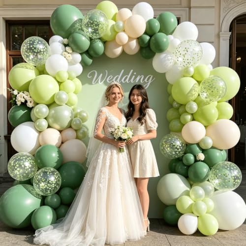 Image of Blocesa Sage Green White Balloons Arch Kit Double Stuffed, Party Decor. | Olive /Sage Green Pearl Green White Beige Confetti Balloons. for Birthday Baby Shower Bridal Shower Wedding Jungle Decor.