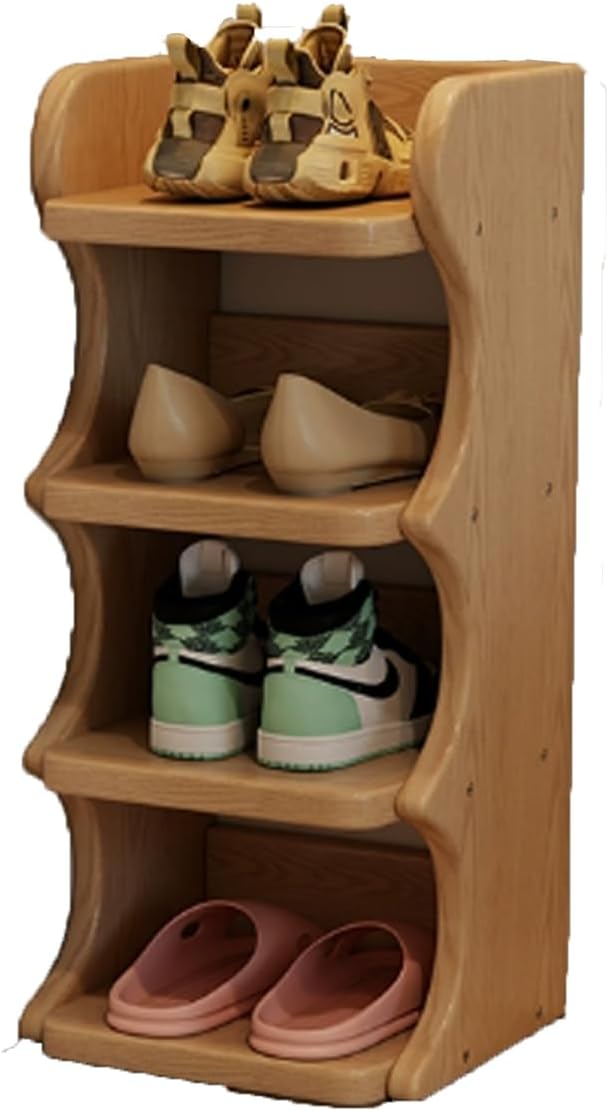 Multi Tier All Solid Wood Shoe Rack,Eco Friendly Pine Shoe Storage for Foyer, Sturdy Solid Wood Design with Tall Guardrails, Holds Family Footwear,Natural,4 Tier 10in