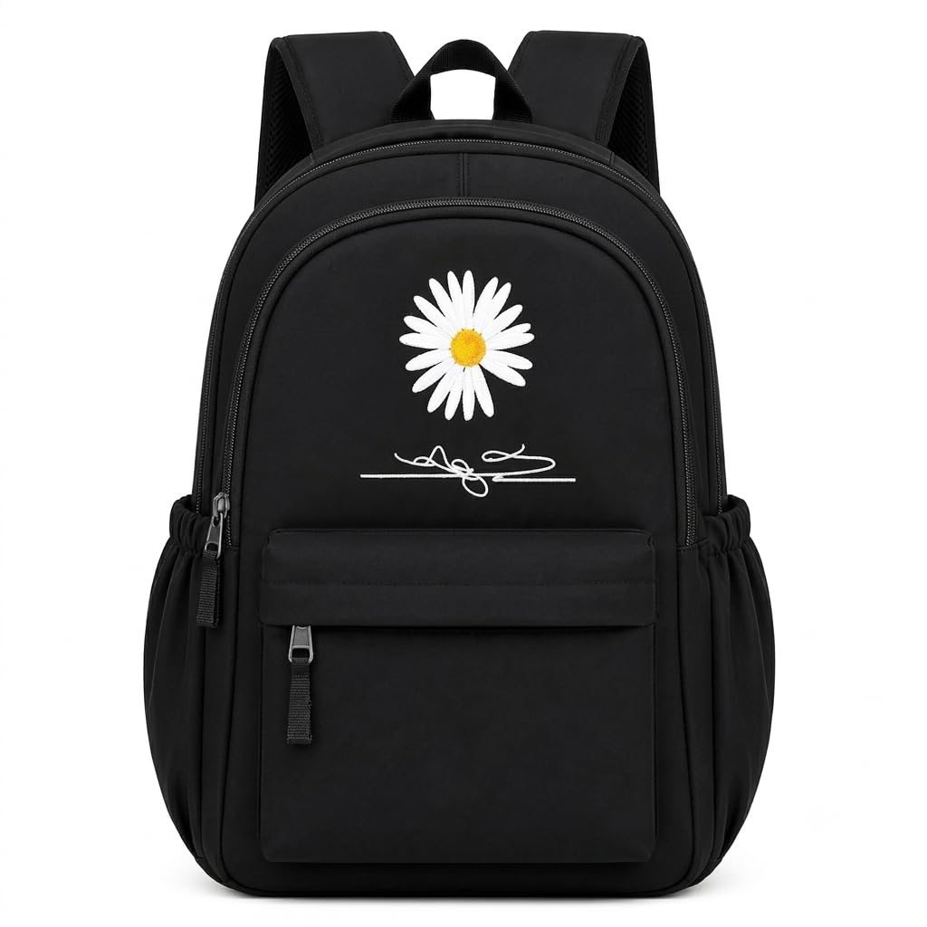 Daisy Flower Printed School Backpack for Girls | Lightweight College Bag for Women | Water Resistant Casual Travel Backpack with Multiple Compartments | Black-image-9