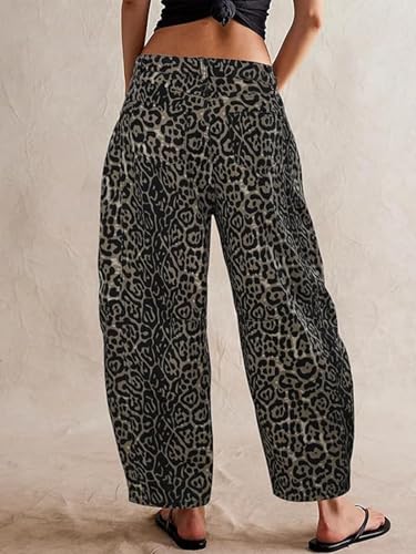 Women's Mid Rise Barrel Jeans Casual Boyfriend Wide Leg Leopard Printed Baggy Denim Ankle Pants4