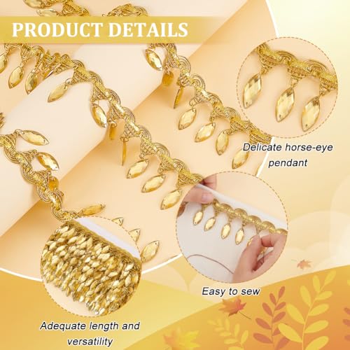 FINGERINSPIRE 10Yards/9.14M Hanging Beads Fringe Lace 40mm Wide Gold Metallic Braid Lace Trim with Horse Eye Beads Tassel Champagne Yellow Beads Sew on Fringe Ribbon for DIY Crafts Decoration - Image 4