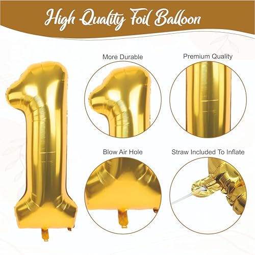 Image of Golden, White, Confetti balloons with happy birthday banner and 1 no foil balloon for 1st birthday decoration, kids party decoration, home decoration items