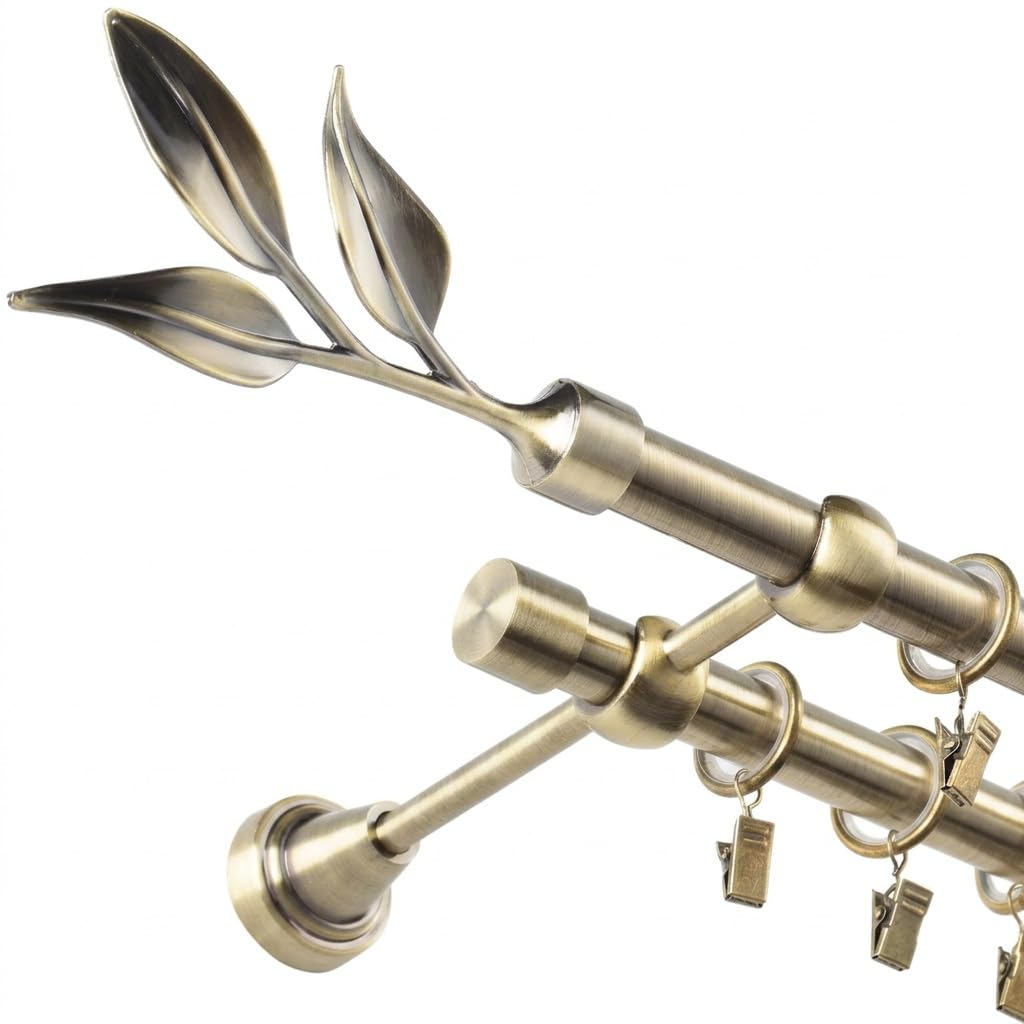 Gardinenstange Gold Antik - Gordijnroede 350 cm - Elegante Modern Vorhangstange - 2-läufig stange vorhang - Karniesabschluss wählbar - Vorhang Stangen Gold Antik Lorbeer