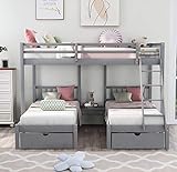 Full Over Twin & Twin Triple Bunk Bed with Drawers and Table, Wooden Bed Frame with Ladder and...