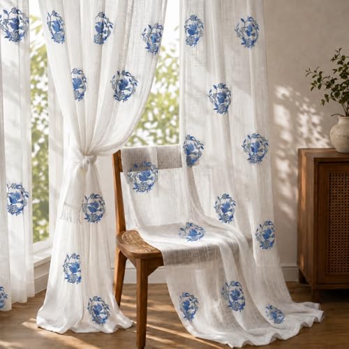 Image of LINENWALAS Decorative Cotton Linen Sheer Curtains 9 Feet for Long Door -Block Printed Door Curtain | Grommet Hanging Style Pack of 2 Panels |Light Filtering Sheer Drapes (Blue Crown Bird)
