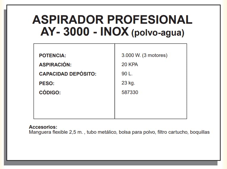 AYERBE Aspirador para polvo y agua inoxidable 90 L. INOXIDABLE Potencia 3000 W. 3 motores. Plateado