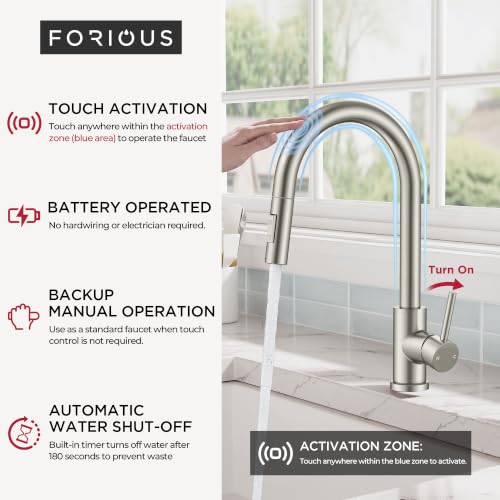 Image of FORIOUS Touch Kitchen Faucet with Pull Down Sprayer, Single Hole Brushed Nickel Kitchen Sink Faucet with Deck Plate, Touch Activated, Single Handle High Arc Stainless Steel, Fit for RV Bar Farmhouse