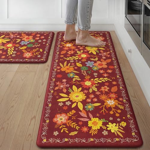 GENIMO Kitchen Mats for Floor 2PCS, Cushioned Kitchen Rugs Non Slip Washable, Farmhouse Anti Fatigue Mat Waterproof, Comfort Standing Mat Rug for Office, Home, Laundry, 17.3"x47"+17.3"x30",