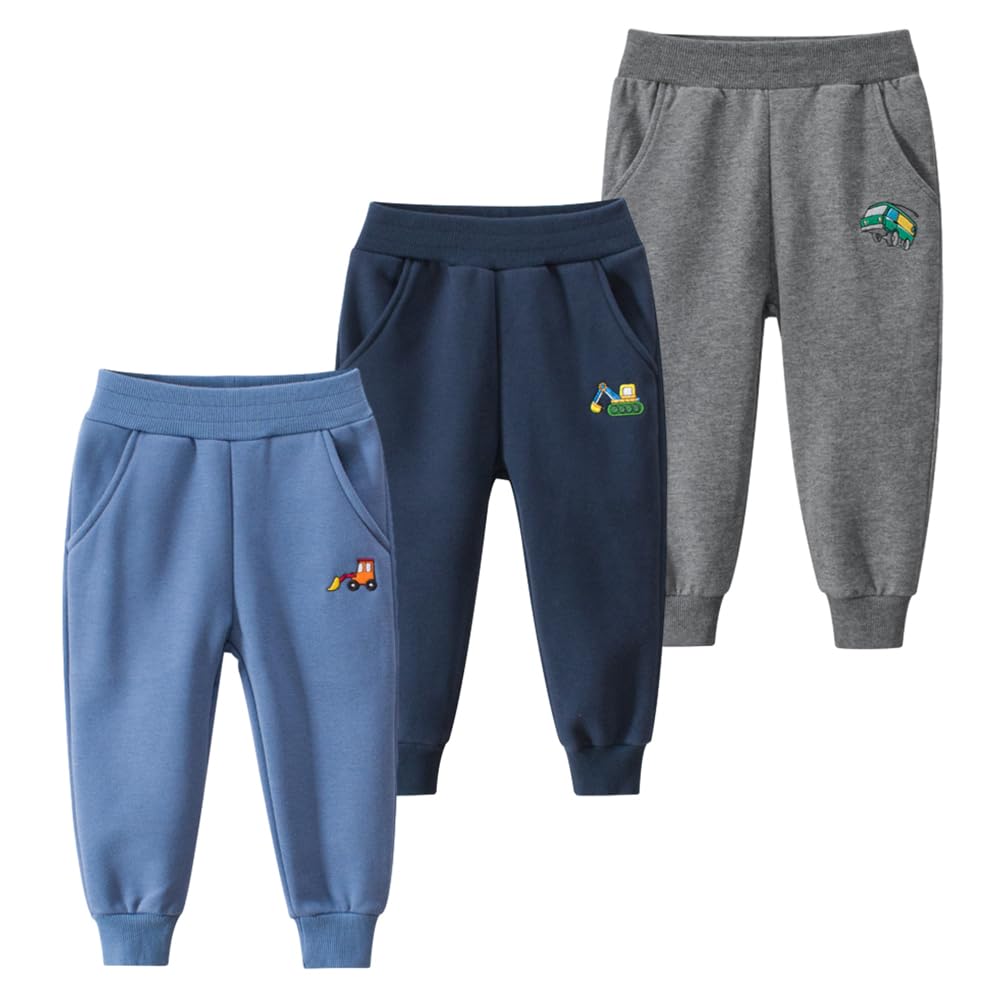 GFQLONG Toddler Boys 3 Pack Cotton Active Jogger Pants,Kids Cartoon Sweatpants Casual Lounging Bottoms