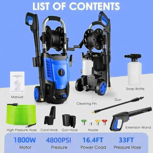 4800PSI Electric Pressure Washer- 3.8GPM High Power Washer with 33FT Hose Reel, 4 Spray Tips and Soap Bottle for Car Washing, Fence Cleaning, Patio Maintenance（Upgraded） (Blue) by commowner - Image 8