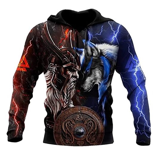 Odin Och Fenrir Wolf Hoodie Viking 3D All Printed Loose Hoodie Herr Oversized Sweatshirt Unisex Pullover Casual Jacka Present (Color : Hoodie, Size : 3XL)