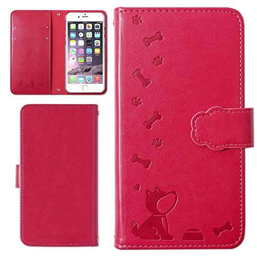 らくらくスマートフォン F-42A ケース 手帳型 犬 型押しレザー シンプル 犬柄 スマホケース カード収納 (ローズ) Docomo