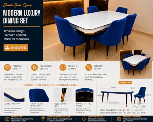 Image of WOODEN SPACE 6-Seater Wooden Dining Table Set | Nano Composite Marble Top | Solid Wood Base | Modern Dining Room Furniture with 6 Chairs (Navy Blue Infinity Backline)