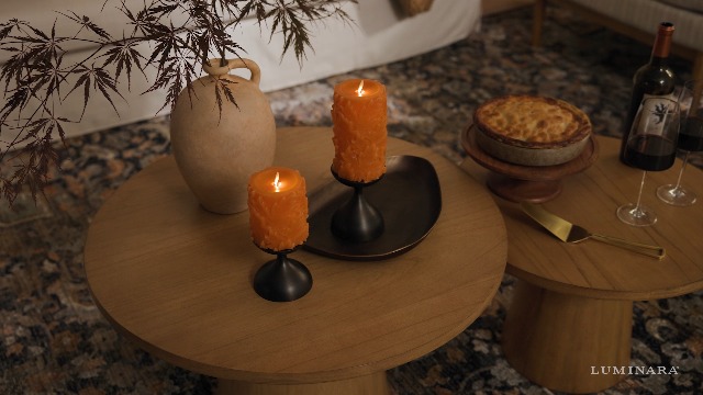 Image of Luminara Flameless Marmalade Embossed Leaves 3.5 inch x 6.5 inch Pillar, Battery Operated & Timer Function, Fall Decorations Indoor Candle Moving Flickering Flame LED Light, Remote Ready (Sold Separately)