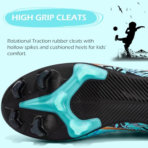 Suela de botas de fútbol para niños mostrando tacos de goma para alta tracción, ideal para comodidad durante el juego