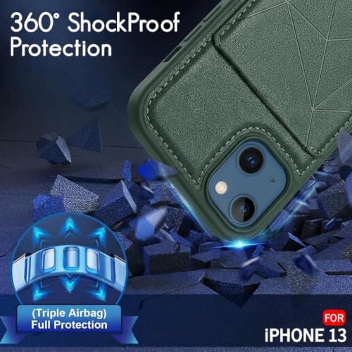 Image of amazon basics Premium Vegan Leather Back Cover with Card Holder and Integrated Mobile Stand for iPhone 13 - Slim Shockproof Wallet Case with Geometric Stitching [Green]