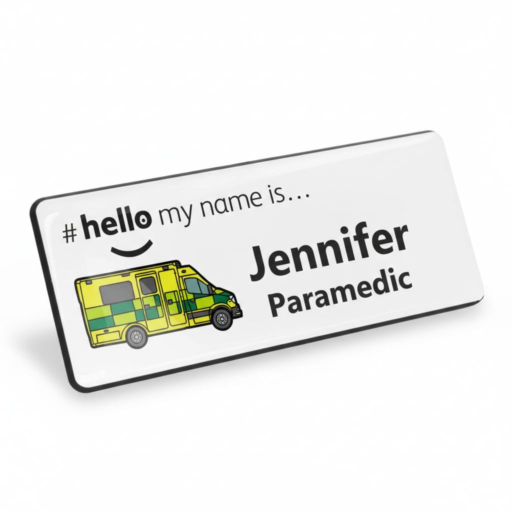 Badgemaster Resin Finish Hello My Name is Ambulance Side Design 76 x 32mm White/Black