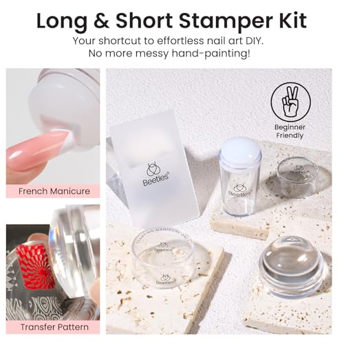 Image of Beetles French Tip Nail Stamp Tool 4Pcs Short Clear Silicone Nails Stamping and Long French Tip Stamper with Nail Scraper Art Tips Printing Stamper Tool Set for Manicure Home DIY Salon