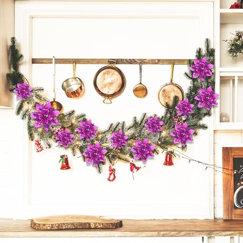 Geosar 24 Christmas Glitter Artificial Poinsettia Flowers Xmas Poinsettia Artificial Wedding Flowers Decorations Xmas Tree Ornaments with Clips for Party Favors 6 Inch - Image 4