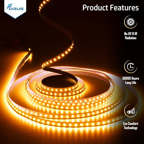 Image of Forus 5 Meter (5M) 8mm Amber LED Strip Light, 120 LEDs /M Plug & Play Flexible Lighting for Home Decor, False Ceiling, Pooja Room, Living Room, Kitchen, Mirror, Stairs, 2-Year Warranty