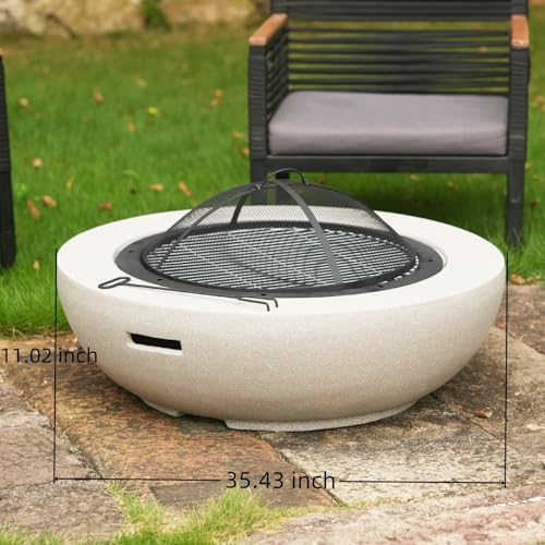 Image of Round Wood Burning Concrete Outdoor Fire Pit,35.43 inch Heat Resistant MGO Ceramic Material Base with BBQ Grill Firepit for Patio Garden,Backyard Barbecue,Outdoor Gatherings Light Gray (Grey 2)