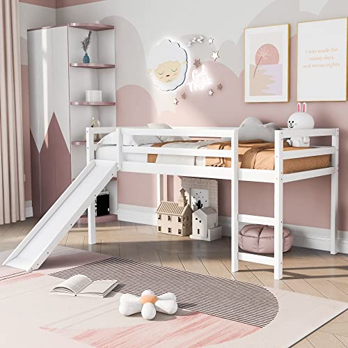 Merax Twin Size Junior Wood Loft Bed with Slide Loft Bunk Bed Frame for Girls Boys,No Box Spring Needed/Space Saving White
