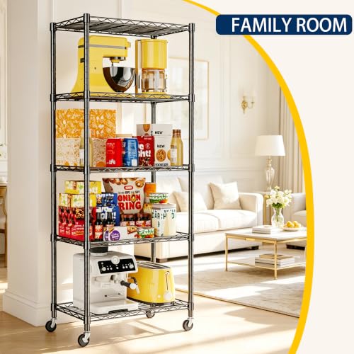 Image of REGILLER 5-Wire Shelving Metal Storage Rack Adjustable Shelves,Standing Storage Shelf Units for Laundry Bathroom Kitchen Pantry Closet(Black,11.8 inch D x 21.2 inch W x 55 inch H,With Wheels)