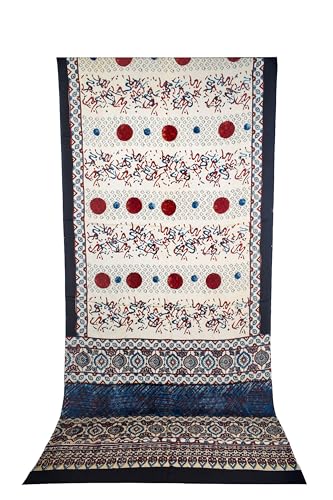 Image of Ethnics of Kutch Ajrakh Modal Silk Saree For Women | Natural Dye Hand Block Print |With Unstitched Blouse Piece | 5.5 Mtr Length (Cream 27A01D)