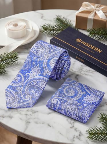 Image of HISDERN Extra Long Ties for Men Classic Floral Tie and Pocket Square Elegant Silk Necktie Handkerchief Set Wedding Party