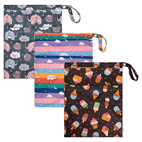 Image of Babygoal Wet Dry Bags for Baby Cloth Diapers, Washable Travel Bags, Beach, Pool, Gym Bag for Swimsuits & Wet Clothes with Two Zippered Pockets 3 Pack, 3LN27
