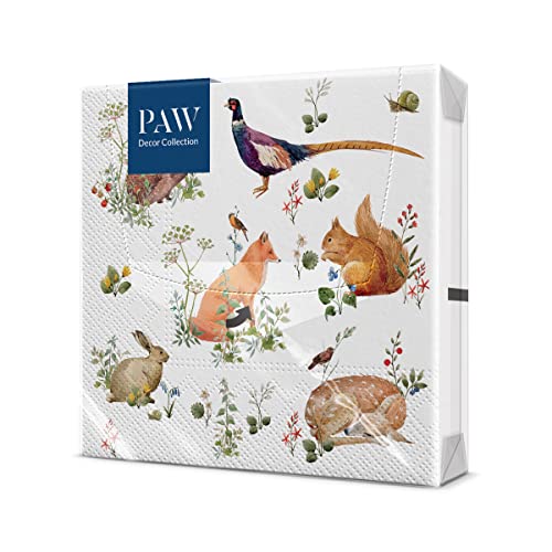 PAW Serviette Papier 3 Plis | 33 x 33 cm - 20 pièces | Serviette de Table Papier Idéal pour les Journées Portes Ouvertes, les Garden Parties, les Événements Familiaux (Wild Forest Animals)