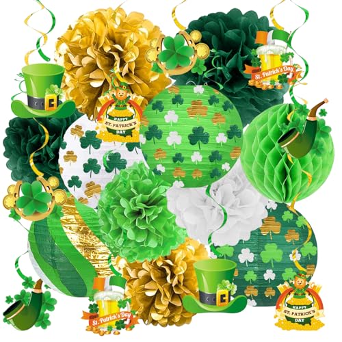 KAXIXI St Patricks Day Decorations Set - Lucky Shamrock Paper Lanterns Hanging Pom Poms Honeycomb Balls & Green Gold Swirls Decor for Home Classroom Office Party Reusable Irish Theme 21PCS