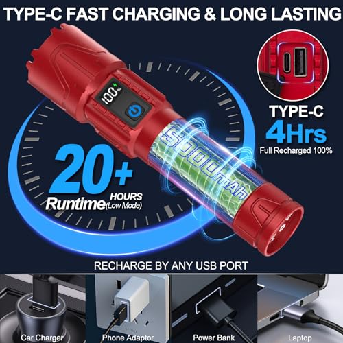 Image of Tactical Flashlight Super Bright High Lumens Rechargeable LED Flash Light | 5000ft Beam, 5000mah, 20H Long Lasting, USB C Charging, Zoomable 5 Modes, Waterproof for Camping Hiking Emergency Men Gift