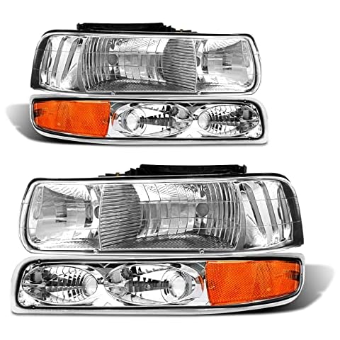 ADCARLIGHTS Headlight Assembly for 1999 2000 2001 2002 Chevy Silverado 1500 2500/1500HD 2500HD 3500/2000-2006 Tahoe/Suburban Chrome Housing Amber Reflector Pair Cover