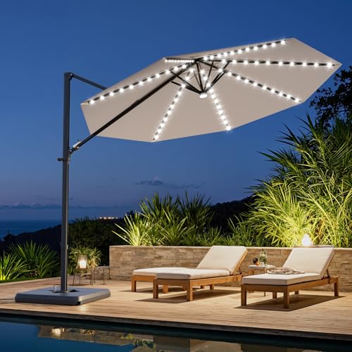 Image of Greesum 10FT Outdoor Patio Umbrella with High Pedel and 4 Gear Heights, Large Offset Umbrella with Solar LED Lights and 360-degree Rotation, Without Base, Hanging Outdoor Shade for Garden, Beige