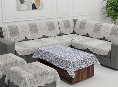 Image of Fab Nation Sofa Cover L Shape 6 Seater with Corner L Type Fully Covered Sofa Set for Living Room | Cotton Sofa Slipcovers for 3 + 3 Seaters Cover + 2 Setty Covers + 1 Table Cover Set | Silver