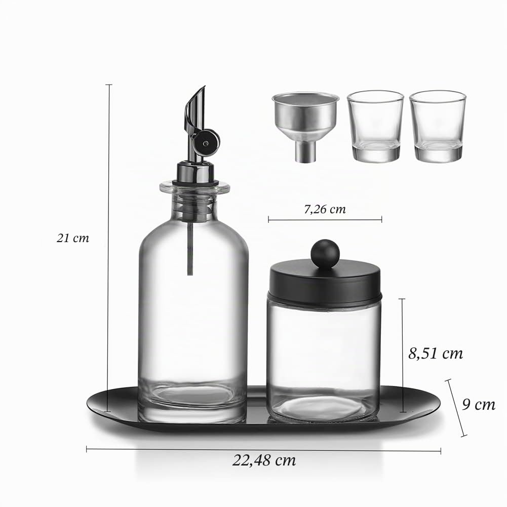 Mundspülspender für Badezimmer, Glas-Mundspülbehälter, Flasche mit Qtip-Halter, Glasflasche, 334 ml, nachfüllbarer Mundspülspender mit Tablett, Tassen, Trichter (schwarz)