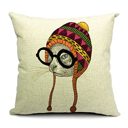 Bigood Housse Coussin Animaux Coton Chanvre Oreiller Imprimé Décor Salon 45*45cm Chat