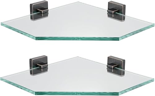 Miniatura 8 de JQK TGS290L10-CH-P2 - Estante esquinero de vidrio cromado pulido para baño, acero inoxidable 304, estante flotante de pared de 10 x 10 pulgadas, 2