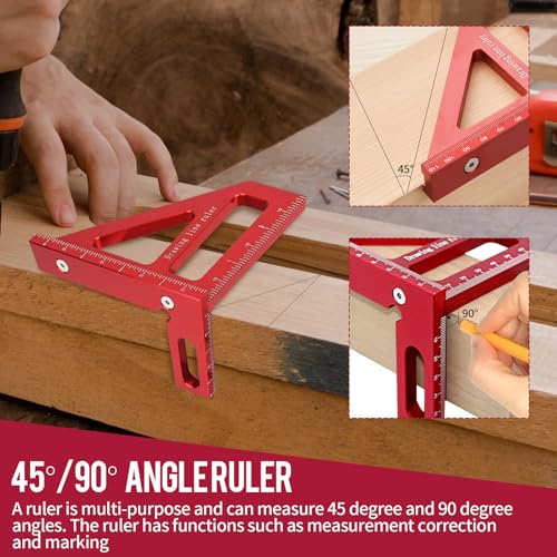 3D Quadratischer Winkelmesser, 45/90 Grad Gehrungswinkel aus Aluminiumlegierung Präziser Zimmermannswinkel 3D-Winkelanschlag Mehrzweck Messwerkzeug für Ingenieur Schreiner, Rot