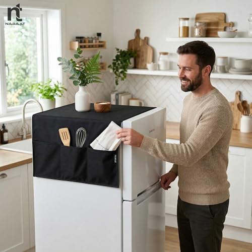 Image of NABAAT Fridge Cover Top for Single Door Refrigerator Kitchen Decor Durable Dustproof Waterproof Modern Design with 6 Side Pockets for Kitchen Accessories - 46.5 inch x 20.5 inch (Black)