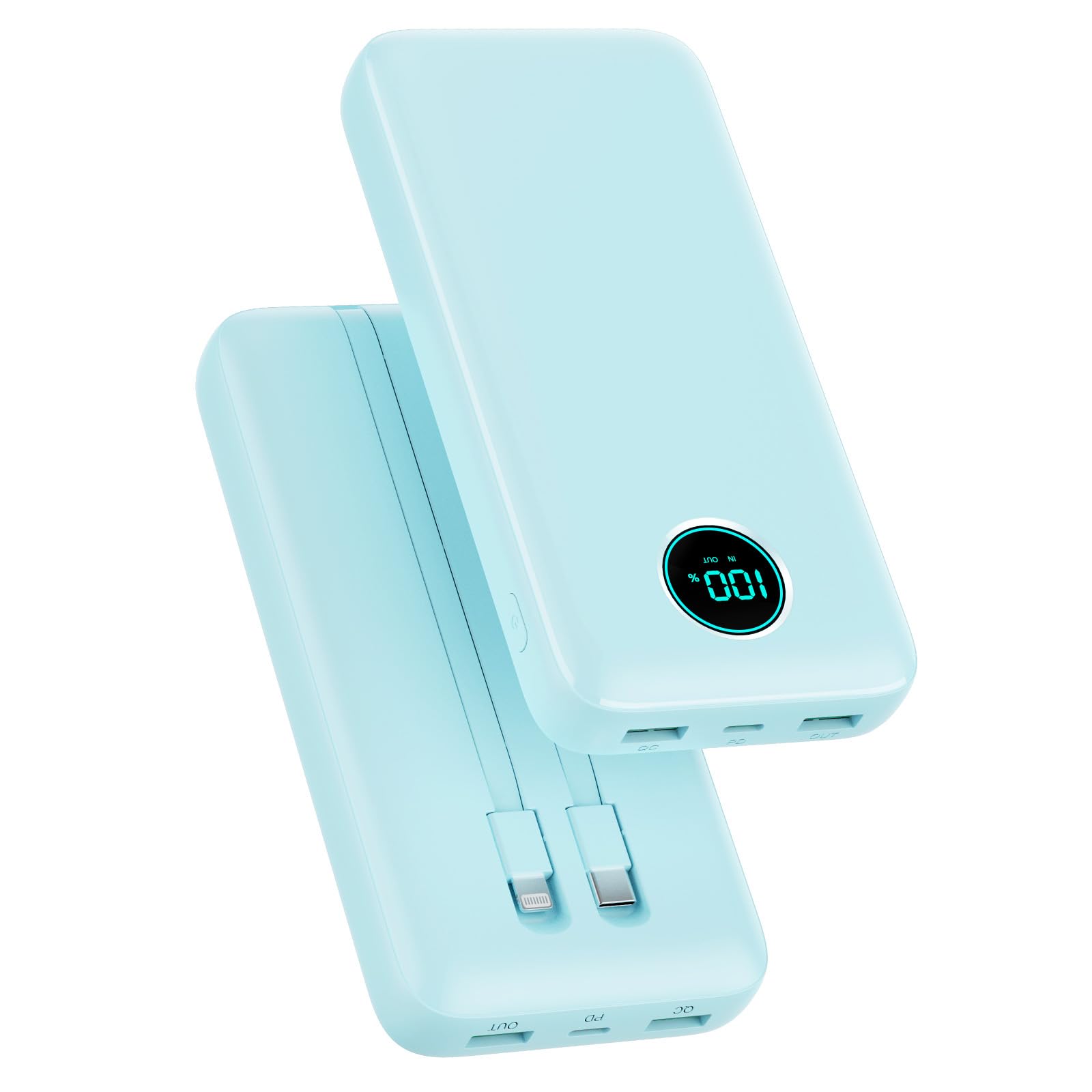 Portable Charger PowerBank 40,800mAh with 2 Built-in Cables,25W PD Fast Charging +QC 4.0 Quick Phone Charging Power Bank, 5 Outputs LCD Display USB C Battery Pack for iPhone 16/15 Android Galaxy etc
