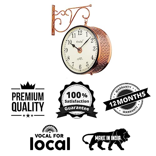 Image of CRAFTEL Double Sided Station Wall Clock Multi-Layer Electroplated | Both Side English Numerals | Aluminum Matte-Finish Dial | Dial - 10 Inches, Rose Gold | 365 Days Warranty