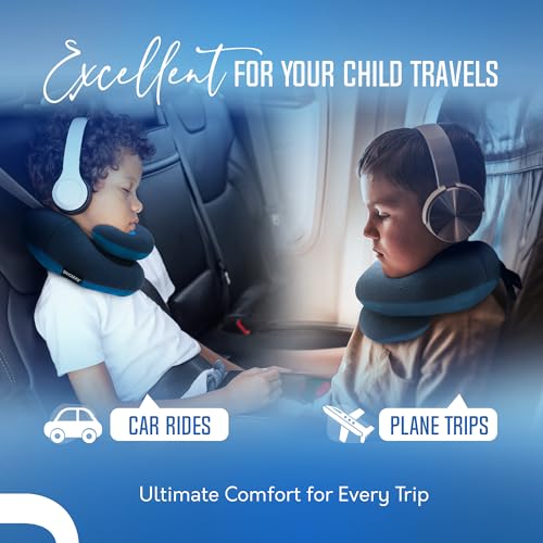 Image of BCOZZY Kids Chin Supporting Travel Pillow for Ages 8-12- Patented Soft Neck Pillow for Head and Chin Support in Car Seat and Airplane. Comfortable Travel Essential. Medium Size, Bag, Light Blue