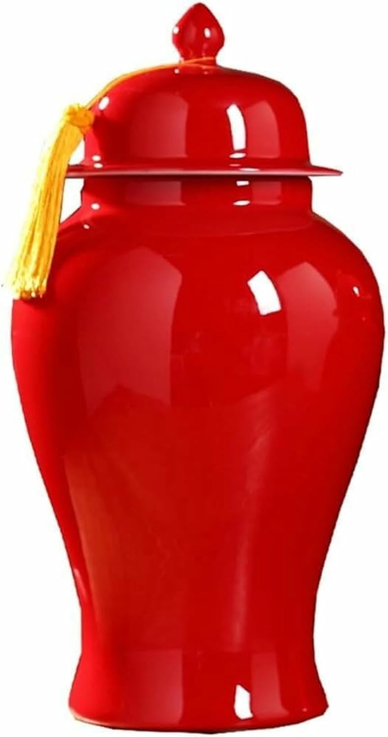 Large Red Ginger Jar Vase, Ceramic Temple Jar Chinoiserie Decorative Jars for Home, Office Decor-