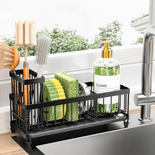 Image of Cisily Sponge Holder for Kitchen Sink, Sink Caddy Organizer with High Brush Holder, Kitchen Countertop Organizers and Storage Essentials (Black Shelf with Stone Tray, Small)